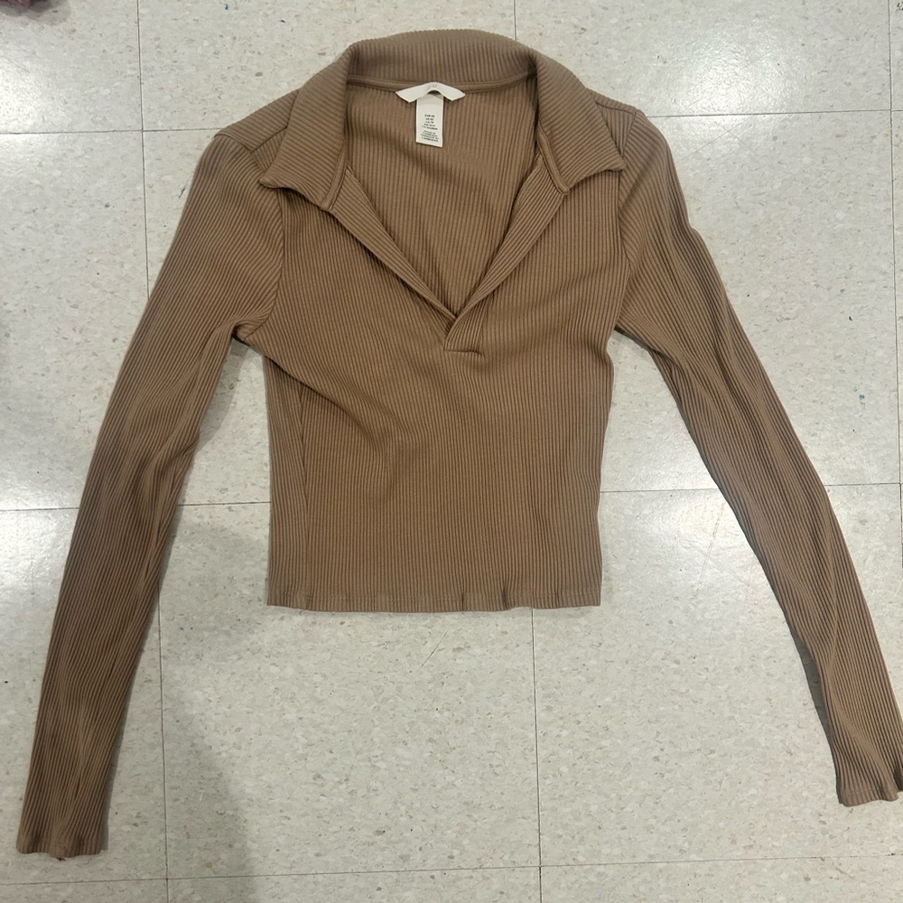 Long Sleeve Ribbed Polo Top